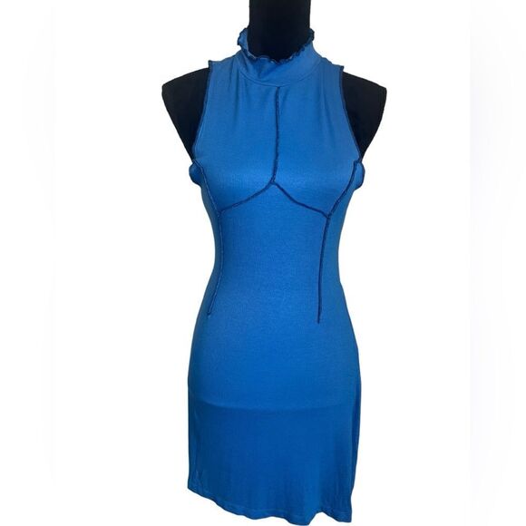 URBAN OUTFITTERS BLUE RIBBED HIGH NECK DRESS WOMENS SIZE MEDIUM SLEEVELESS - Picture 6 of 10